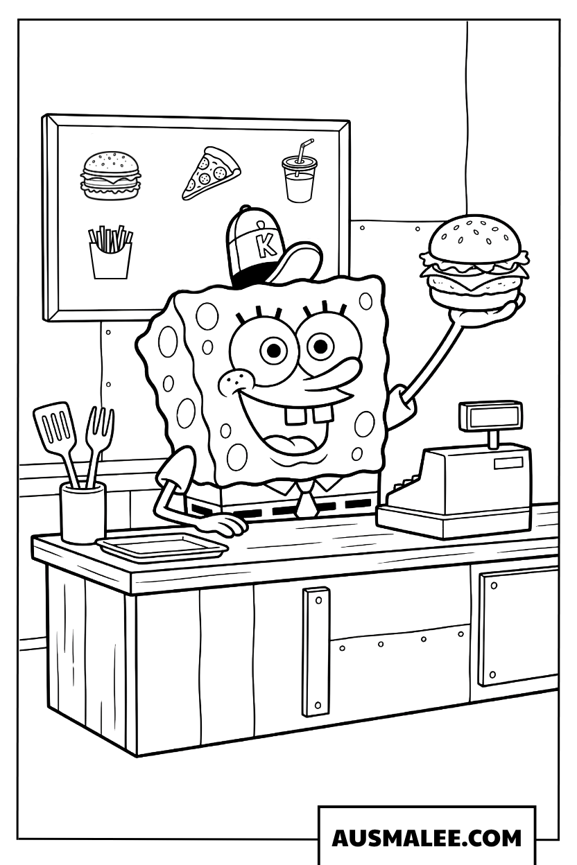 Kleurplaat SpongeBob in de Krokante Krab