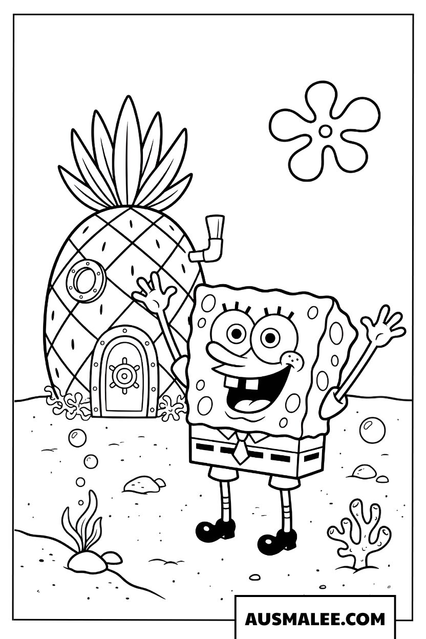 Kleurplaat SpongeBob voor zijn ananashuis