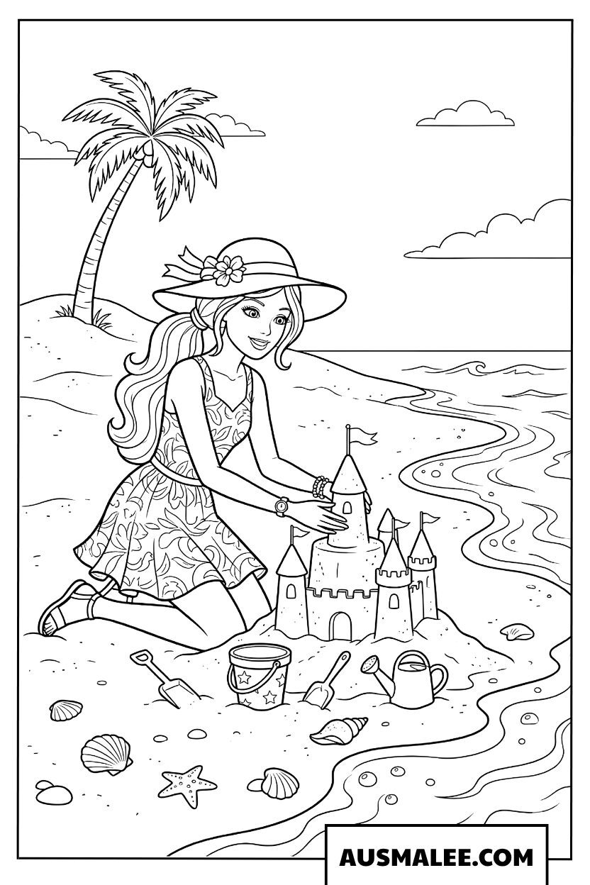 Barbie kleurplaat die een zandkasteel bouwt op het strand