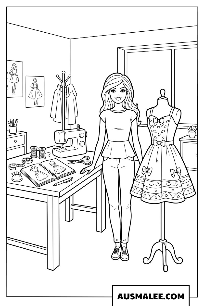 Barbie kleurplaat in een modeatelier