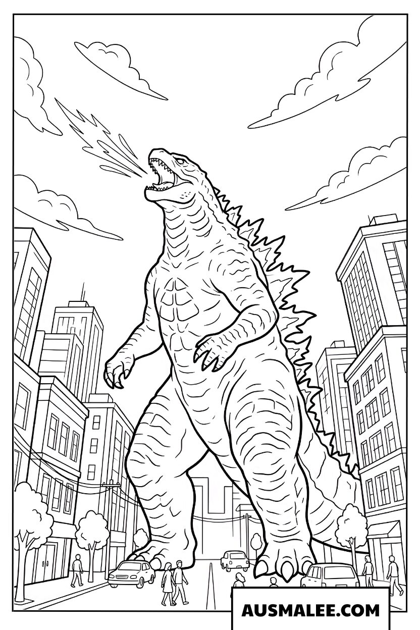 Godzilla kleurplaat brult in de stad