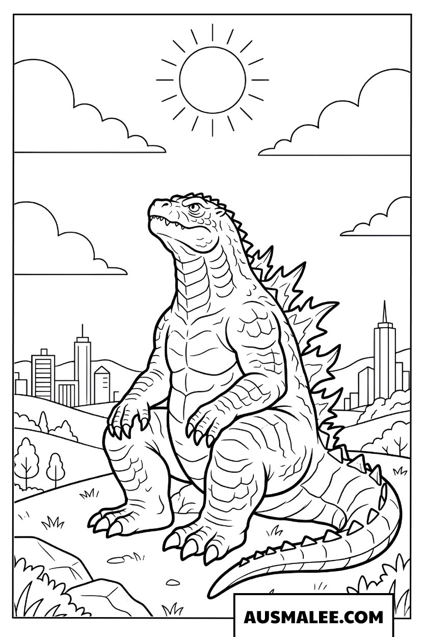 Godzilla kleurplaat in fel zonlicht