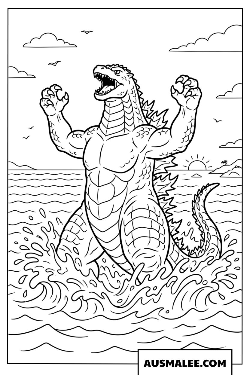 Godzilla kleurplaat die uit de zee oprijst