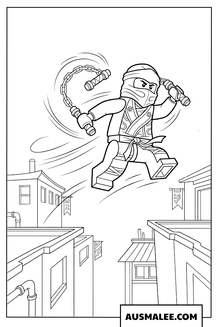 Lego Ninjago kleurplaat sprong over de daken