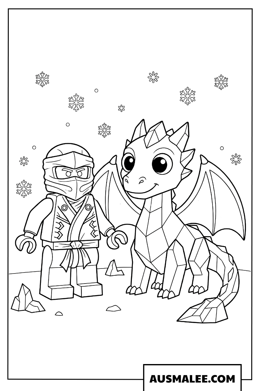Lego Ninjago kleurplaat met kleine draak in de sneeuw