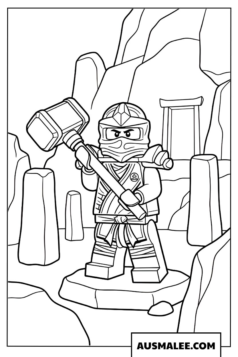 Lego Ninjago kleurplaat met gigantische hamer