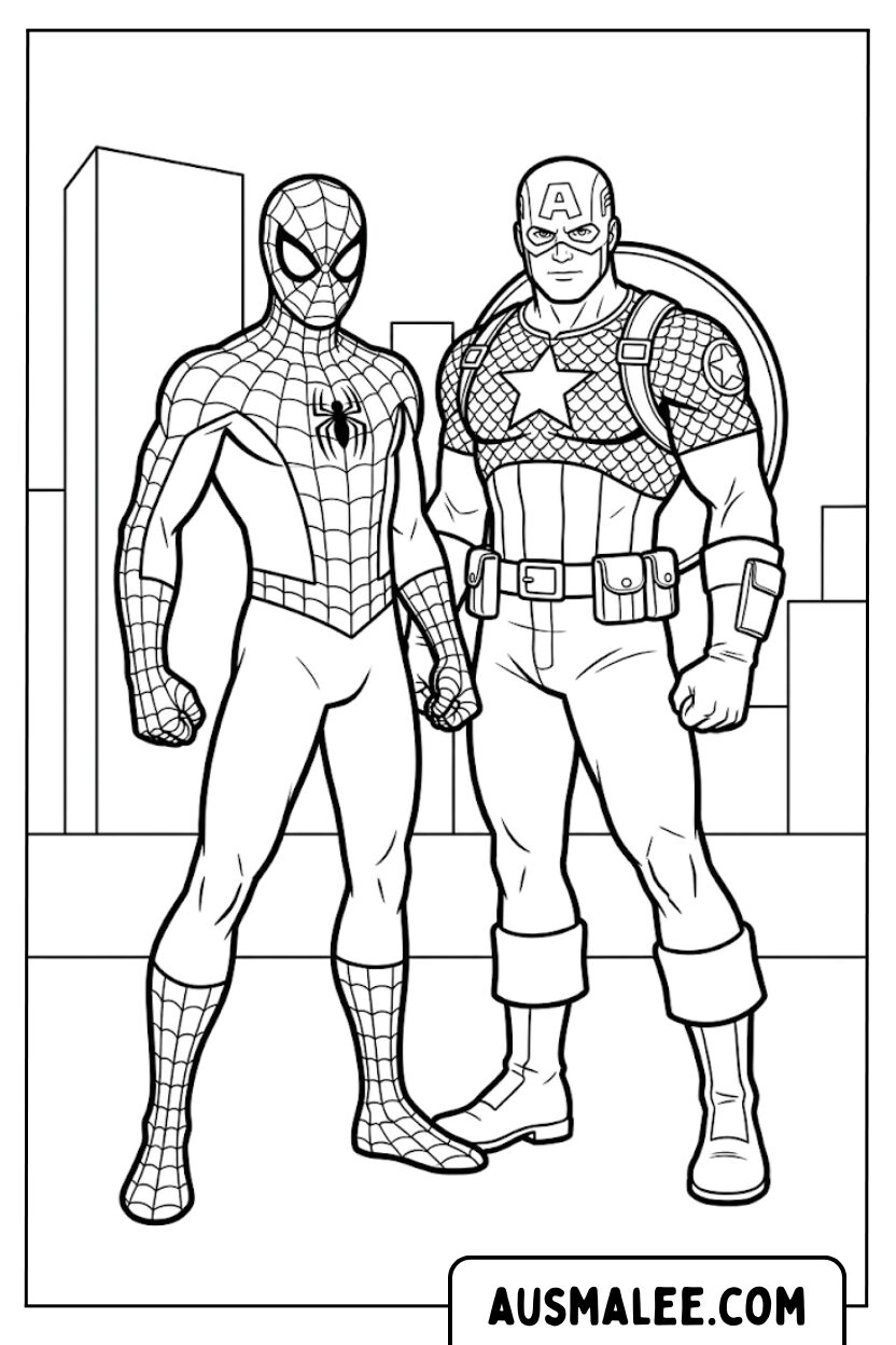 Coloring pages Spiderman Captain America heroes
