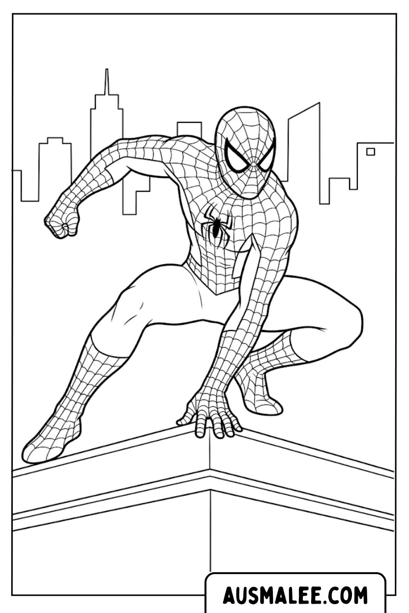 Spiderman roof climbing coloring page