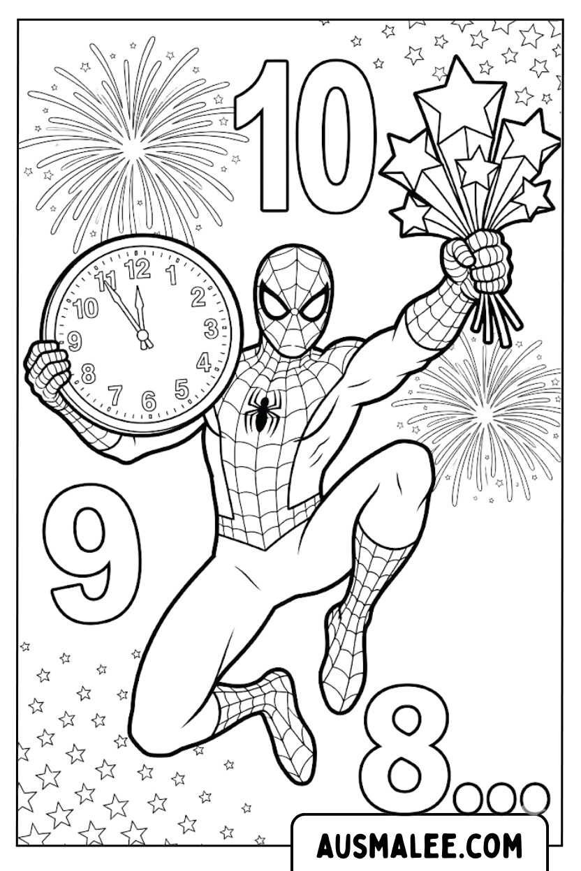 Coloring pages Spiderman New Year's Eve countdown