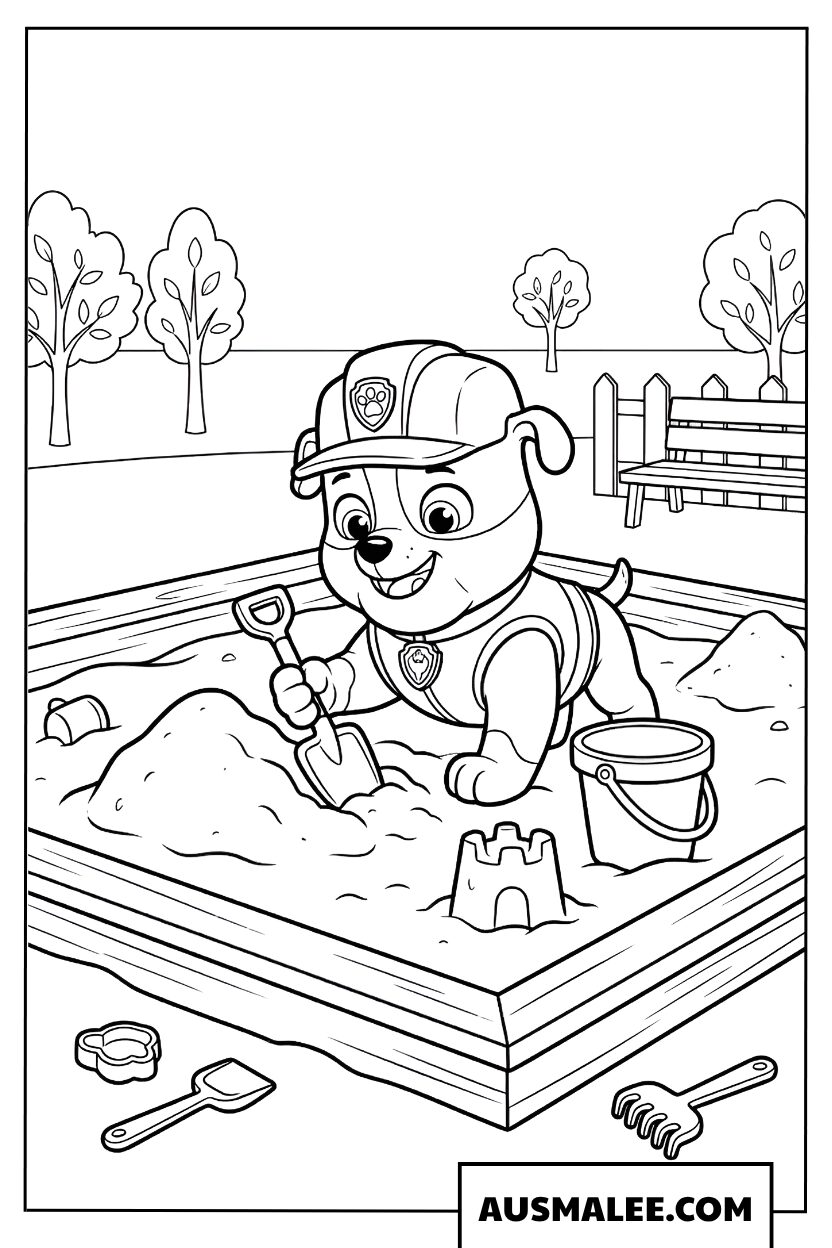 Paw Patrol Rubble coloring page in sandbox