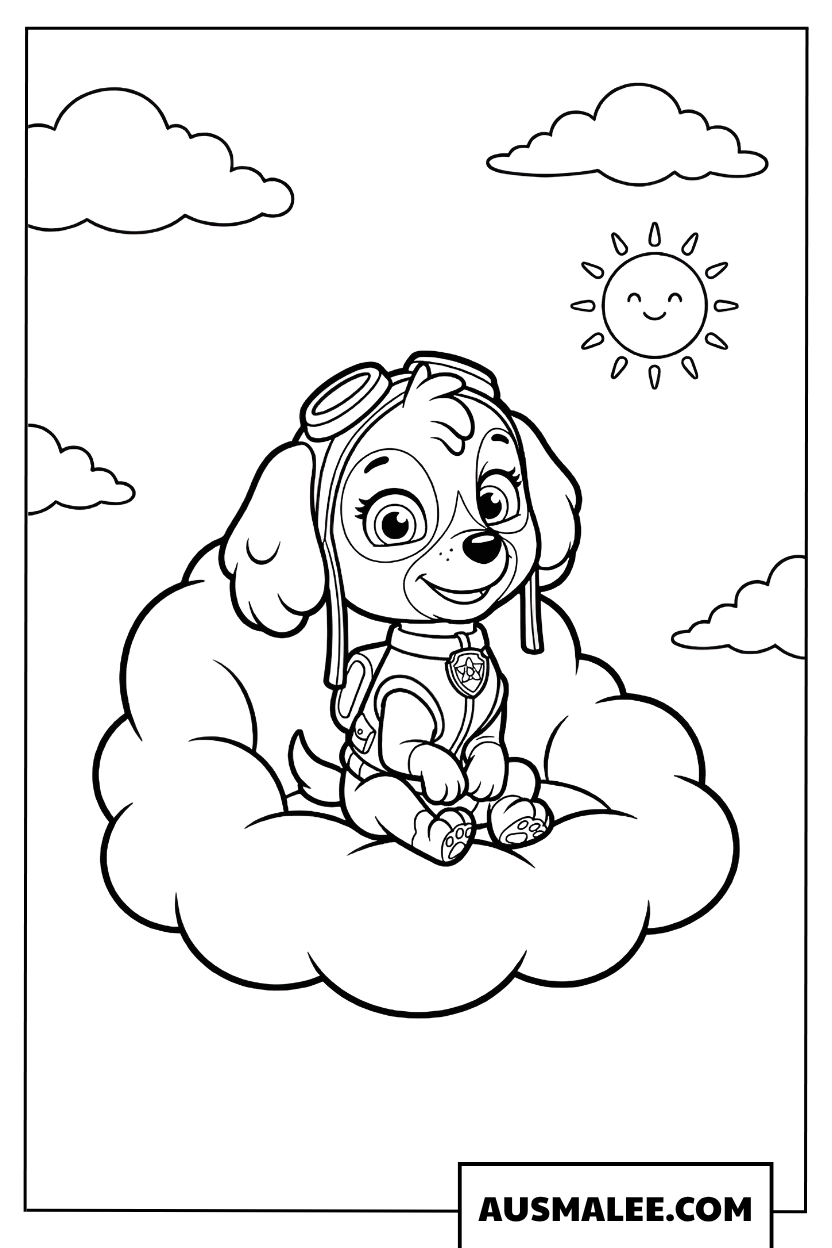 Paw Patrol Skye coloring page sitting on a cloud