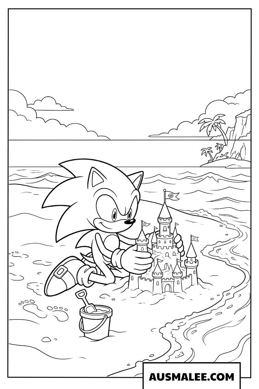Sonic coloring page building sandcastles on the beach