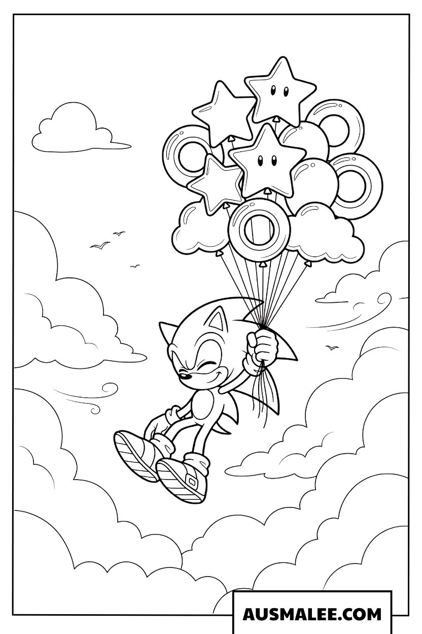 Sonic coloring page flying with star balloons