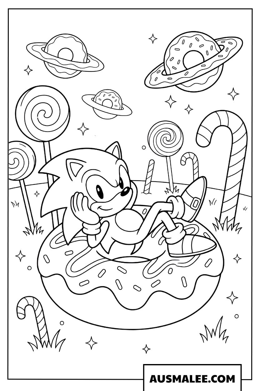 Sonic coloring page lying on a giant donut