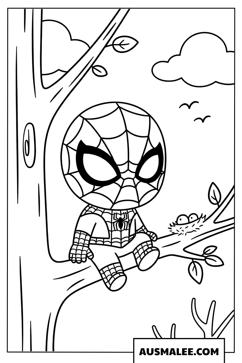 Spiderman Chibi on a Tree Branch Coloring Page