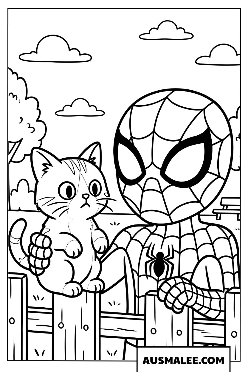 Spiderman with a Small Cat Coloring Page