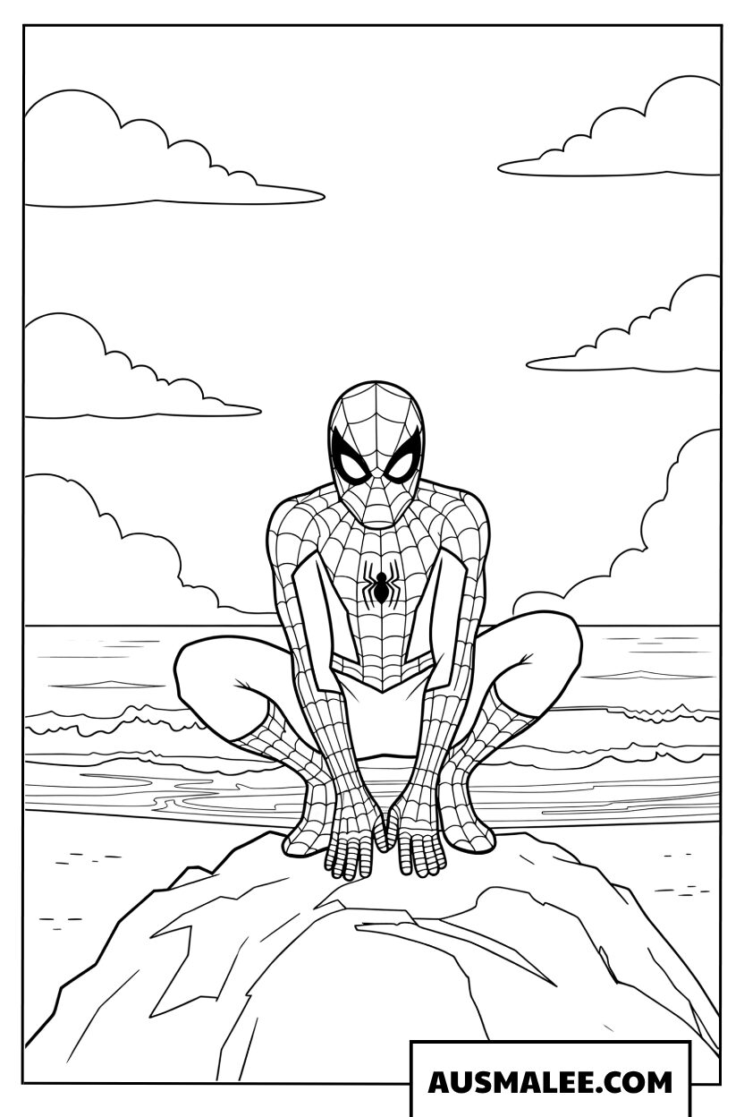 Spiderman Sitting on a Rock Coloring Page