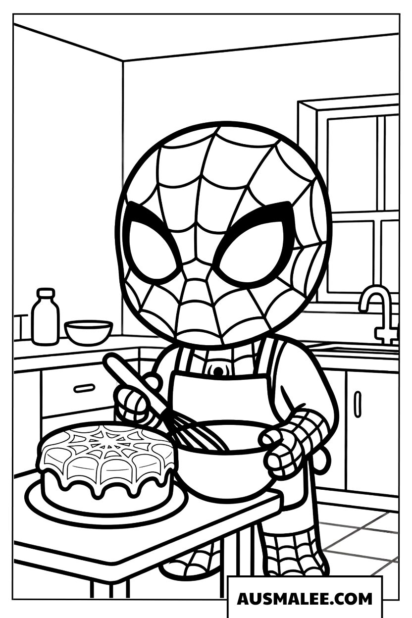 Kleurplaat Spidey als kok bij het bakken