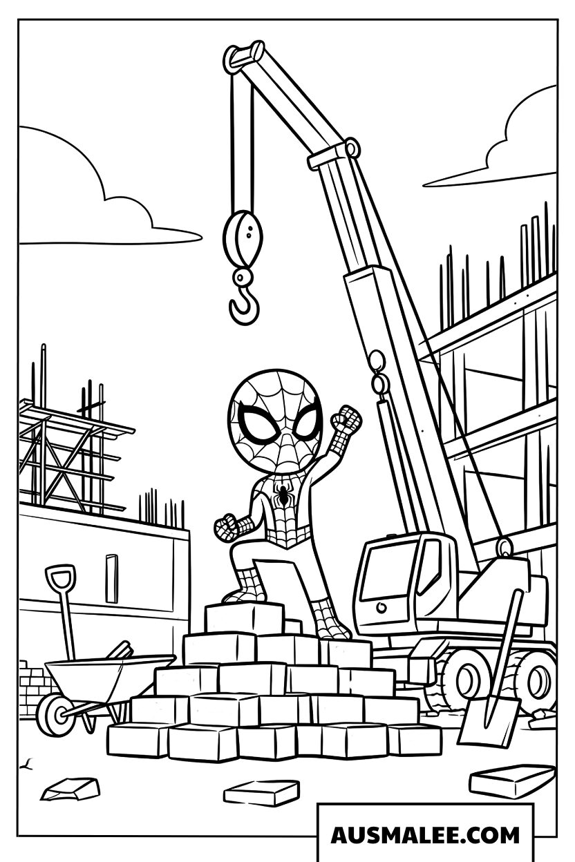 Kleurplaat Spidey op de bouwplaats