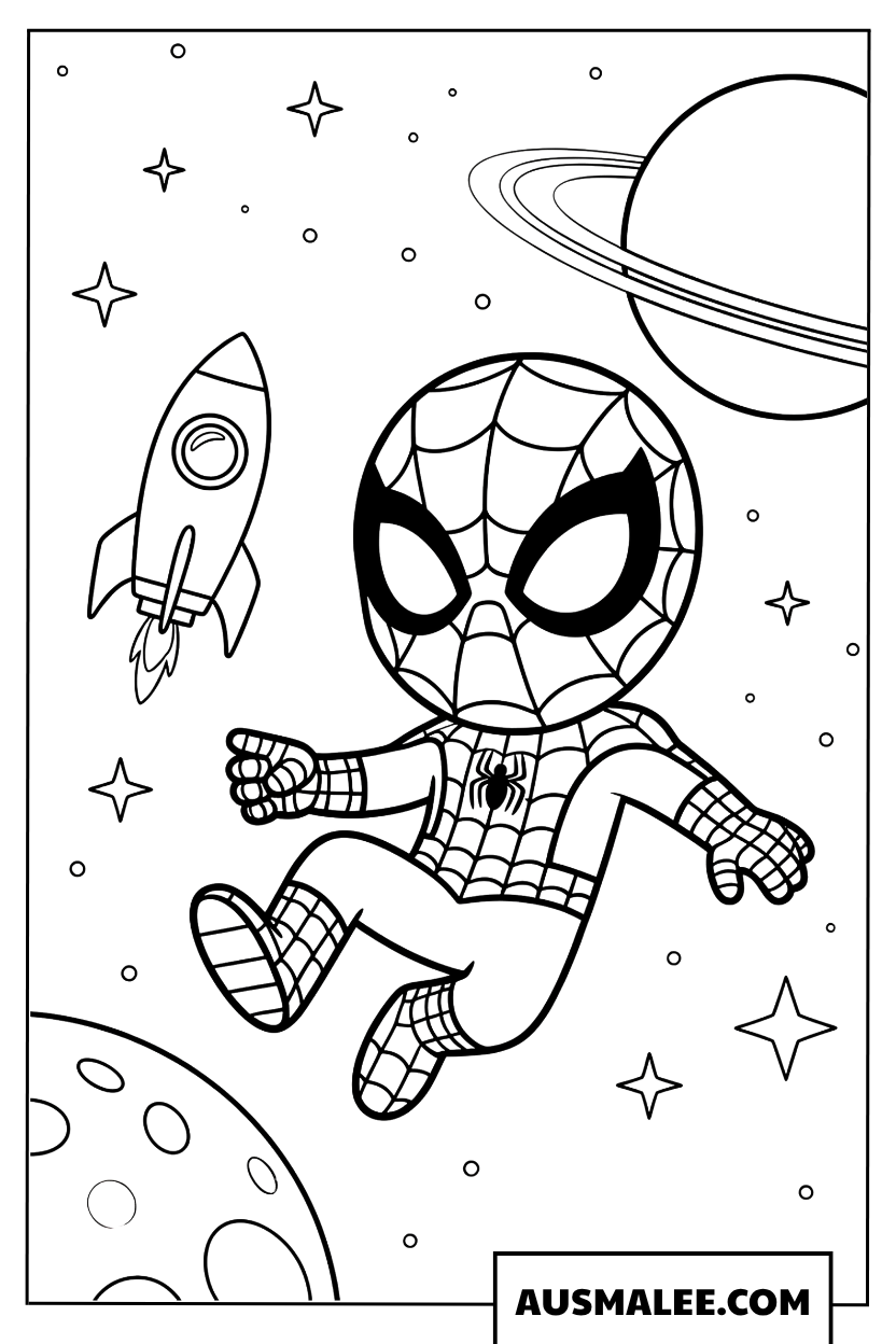 Kleurplaat Spidey vliegend in de ruimte