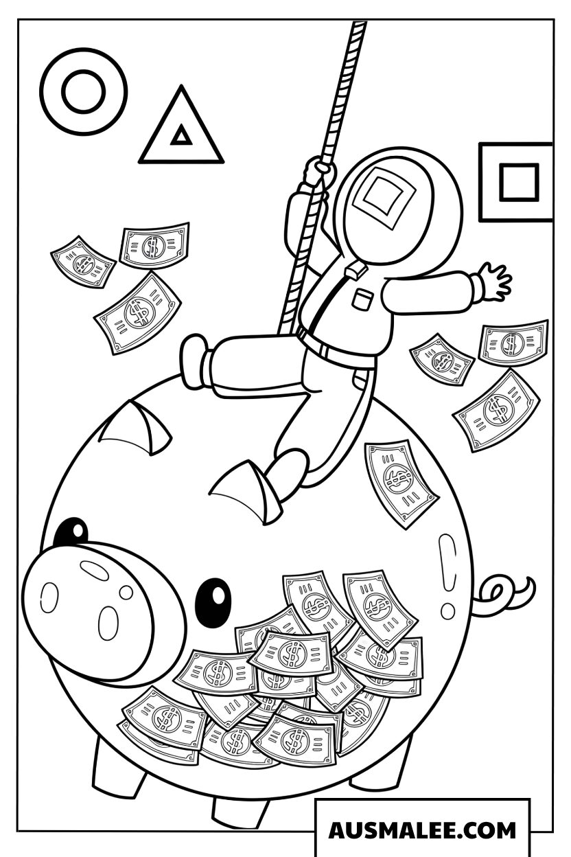 Coloriage Squid Game garde et cochon tirelire géant
