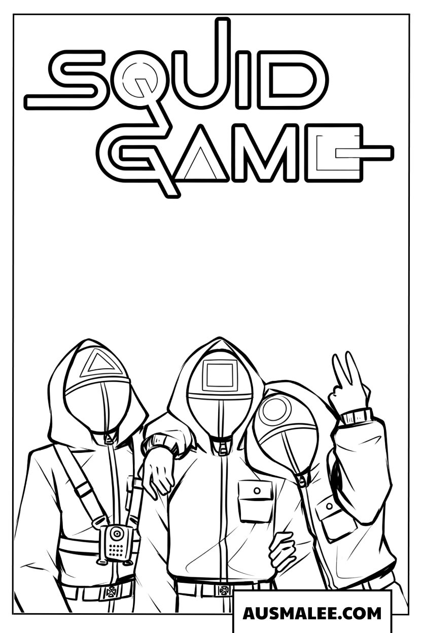 Coloriage Squid Game groupe de gardes mystérieux