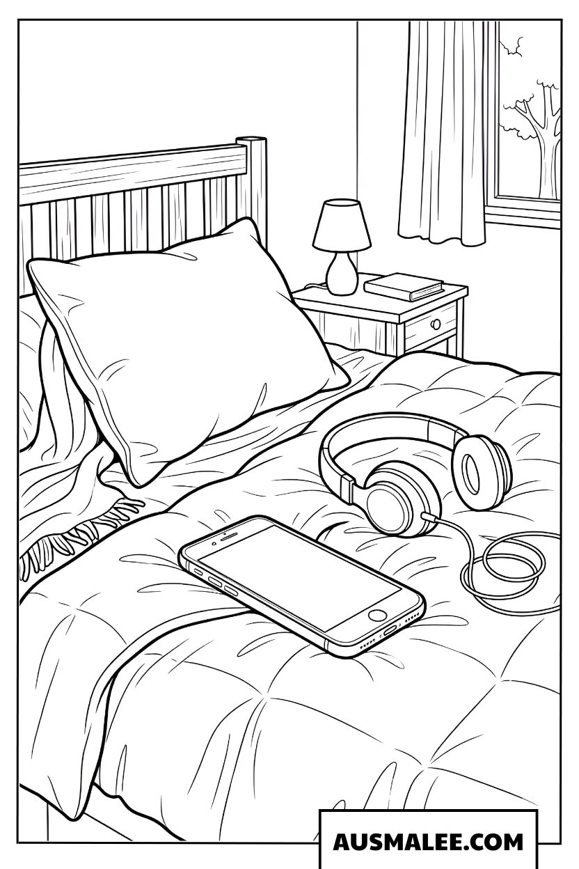 iPhone kleurplaat met koptelefoon op bed