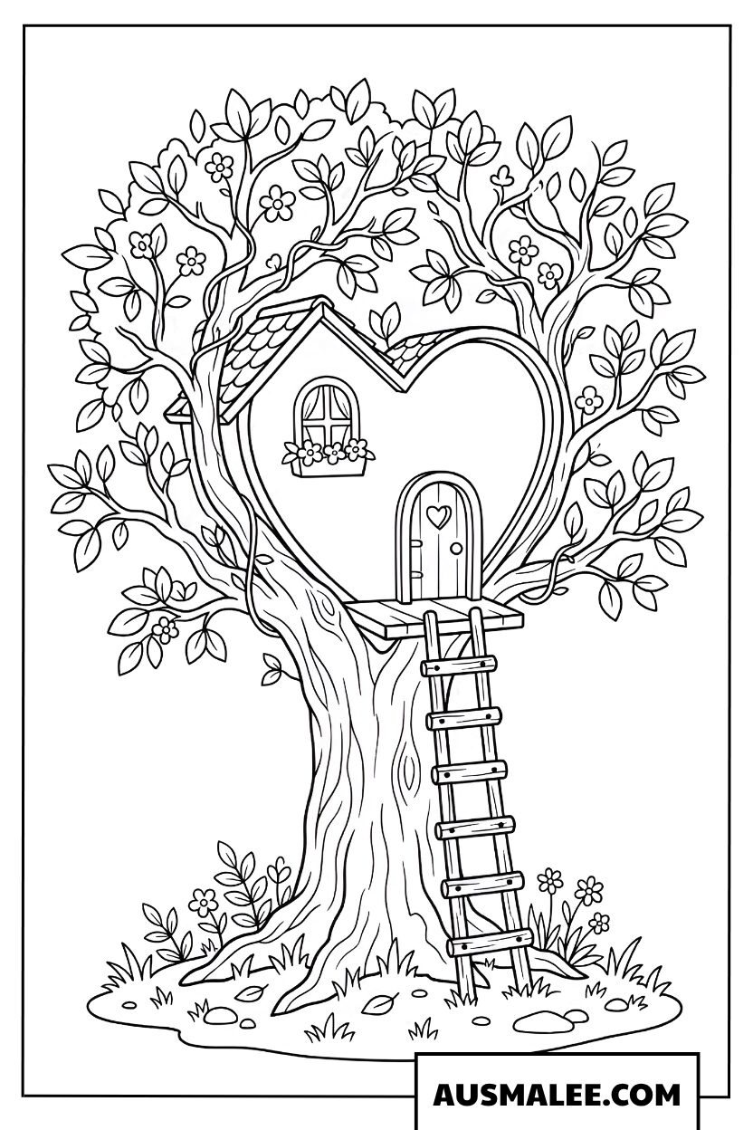 Coloriage cabane dans l'arbre en forme de cœur