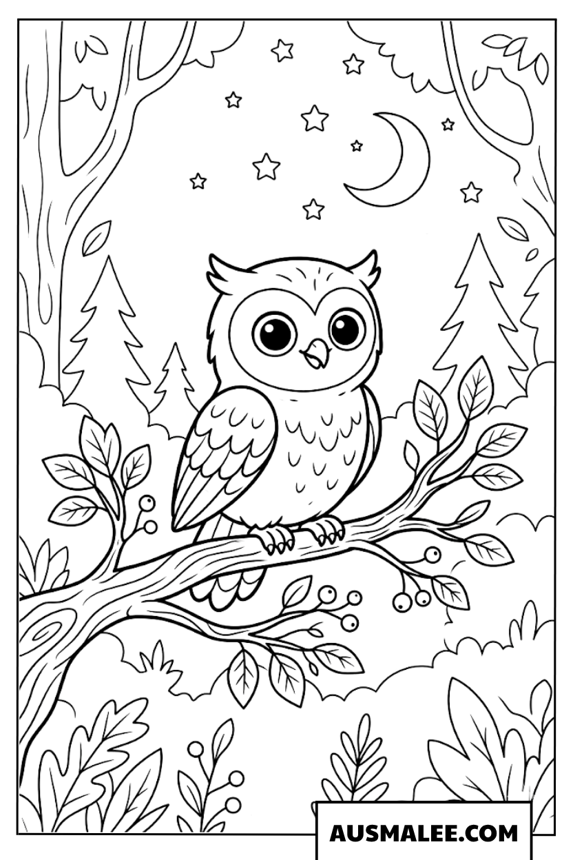 Coloriage hibou sur une branche