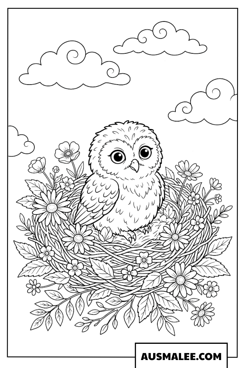 Coloriage hibou dans son nid