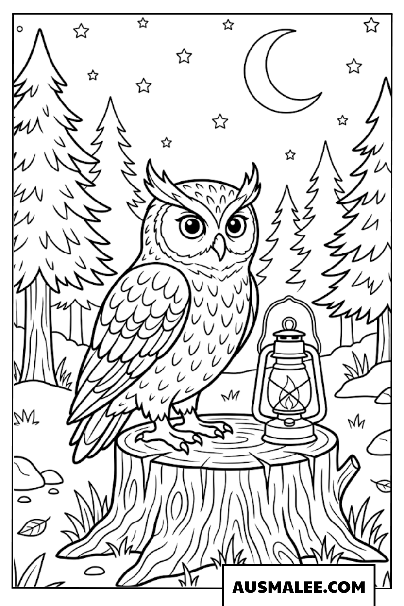 Coloriage hibou dans la forêt