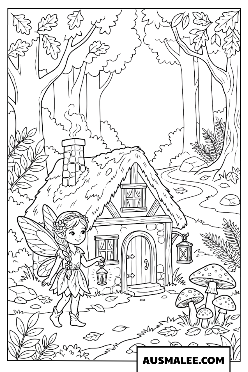 Fairy by the little forest house coloring page