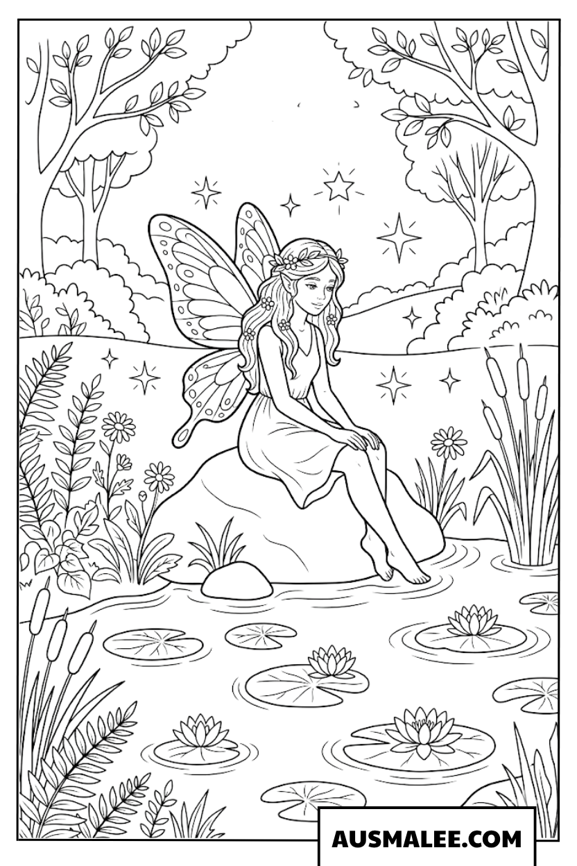 Fairy relaxing by the water lily pond coloring page