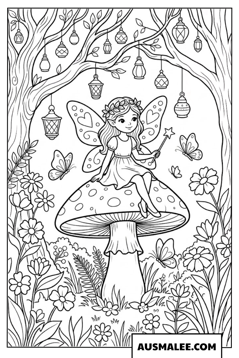 Fairy sitting on a magic mushroom coloring page