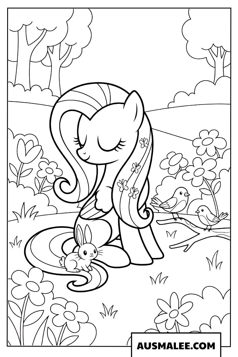 Fluttershy in the flower garden coloring page