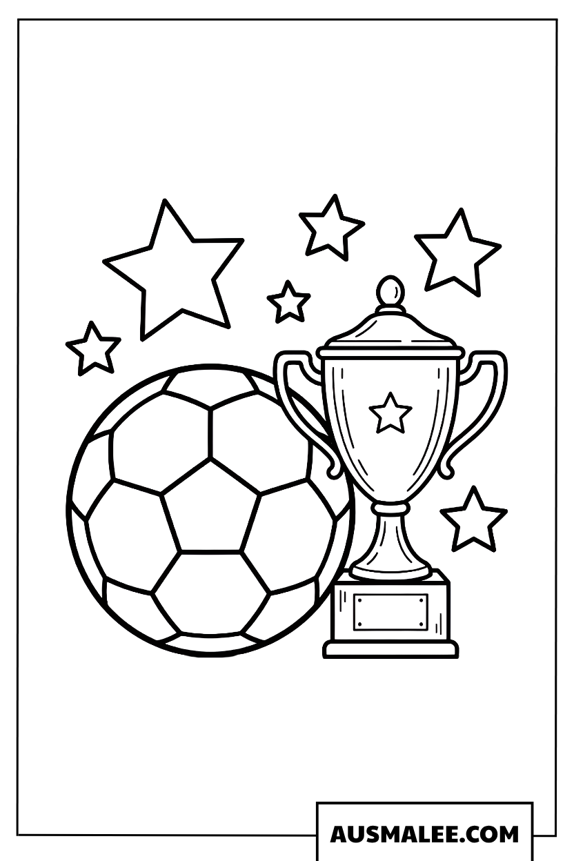 Soccer ball and winner's trophy coloring page