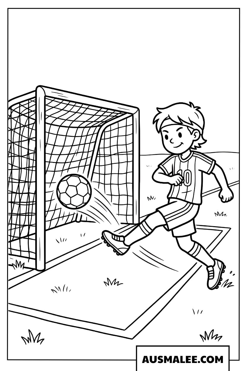 Soccer player scores a goal coloring page