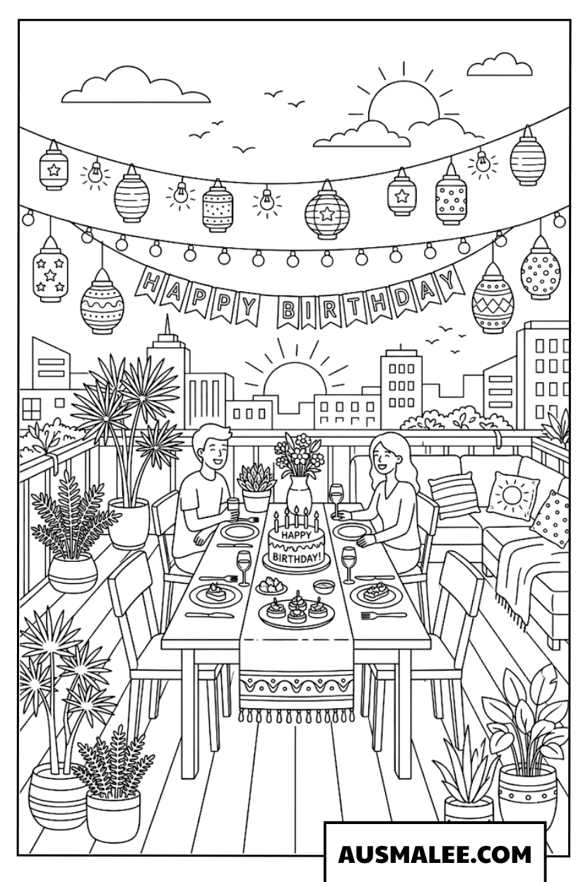 Coloriage Fête d'anniversaire sur le toit-terrasse