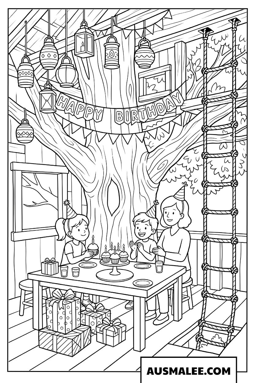 Coloriage Fête d'anniversaire dans la cabane dans les arbres