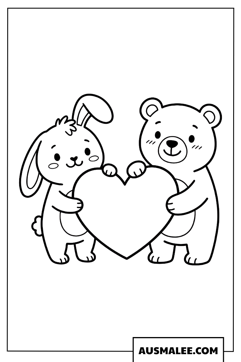 Coloriage lapin et ours avec un grand cœur.