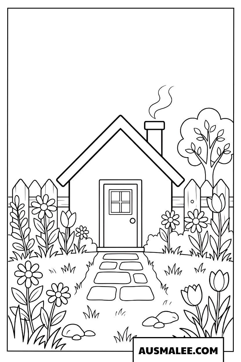 Kleurplaat huis met bloemrijk tuinpad