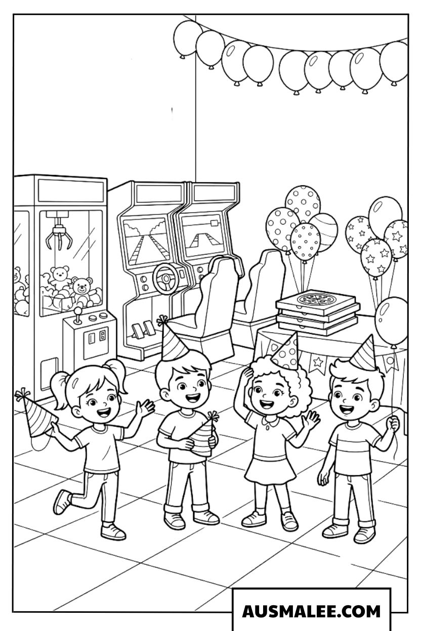 Coloriage Enfants fêtant dans une salle d'arcade
