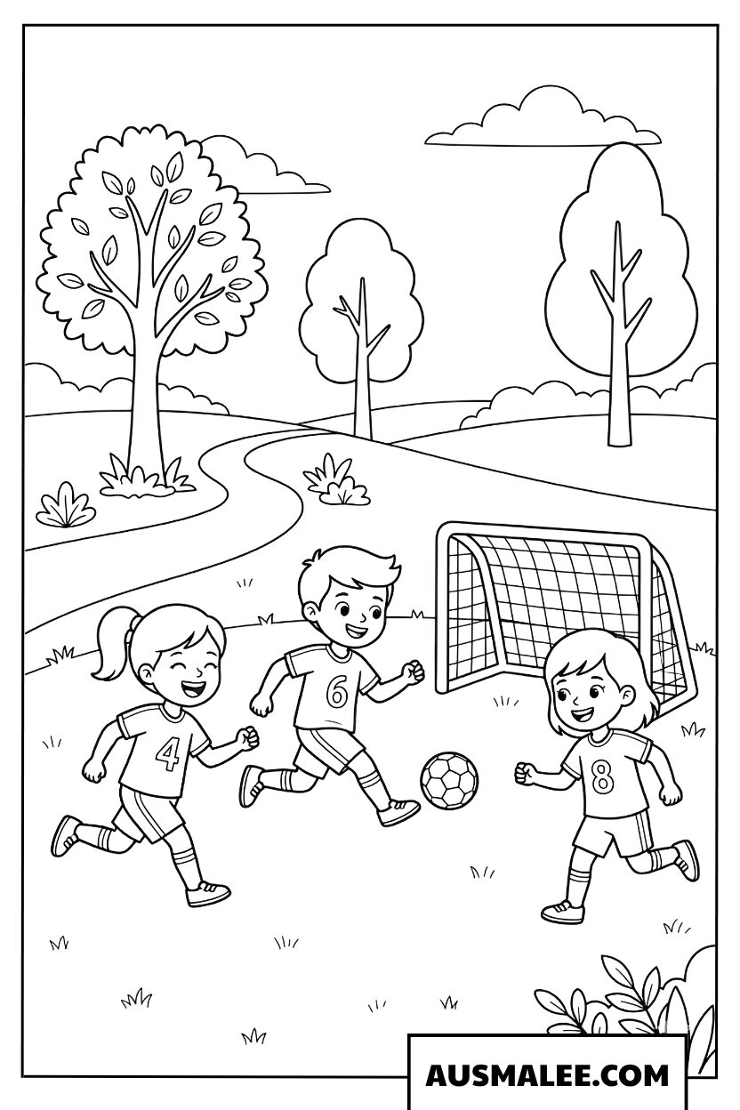 Kids playing soccer in the park coloring page.