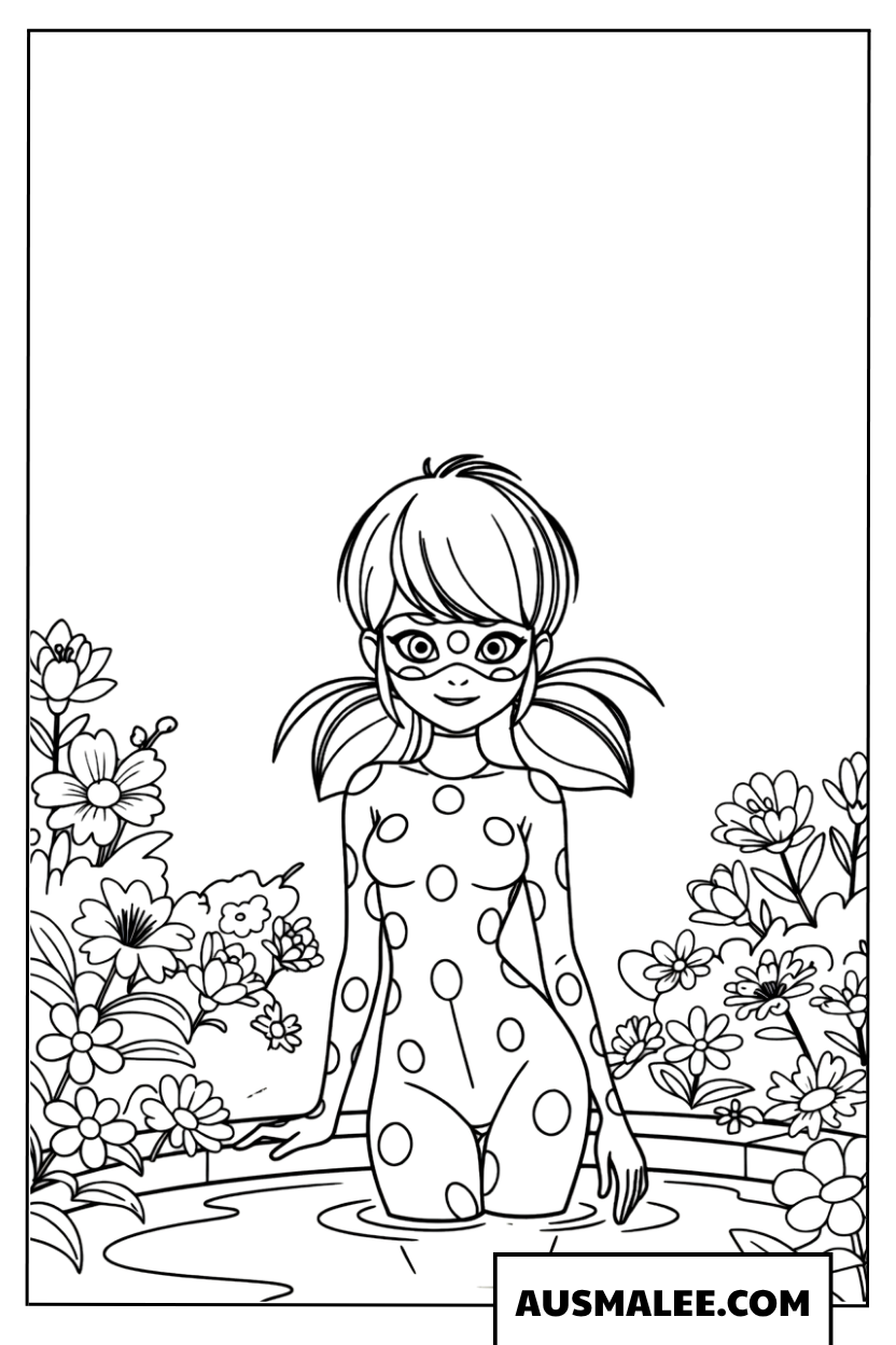 Ladybug coloring page in a flower garden