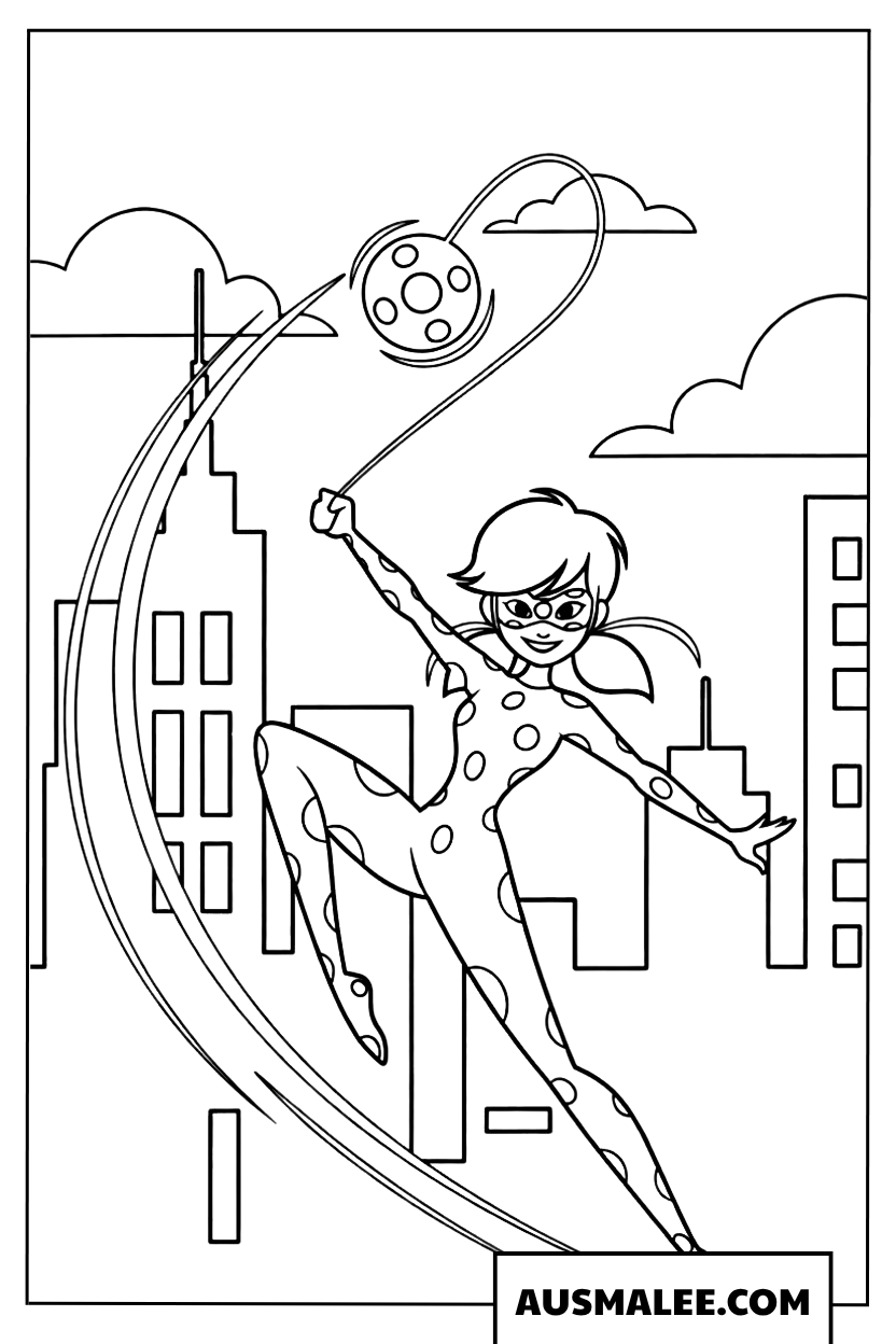 Ladybug action coloring page in the city