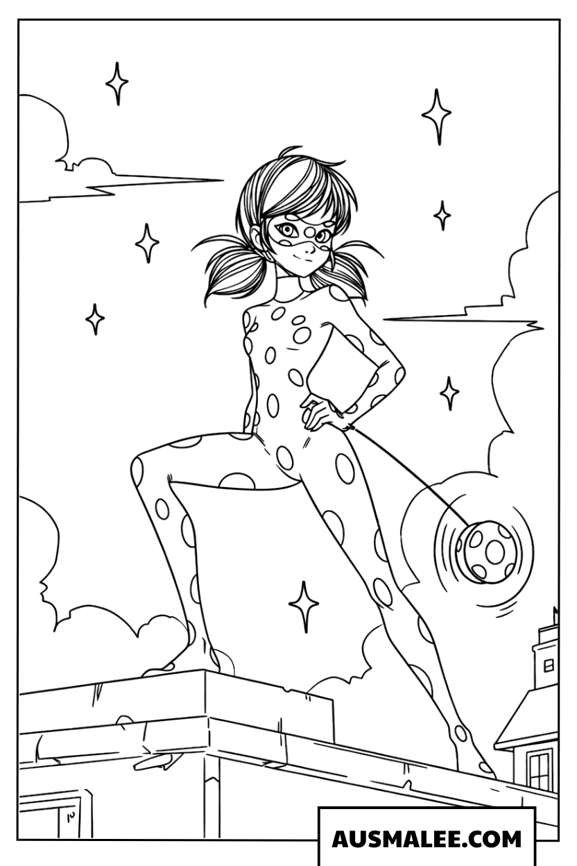Ladybug coloring page on a rooftop