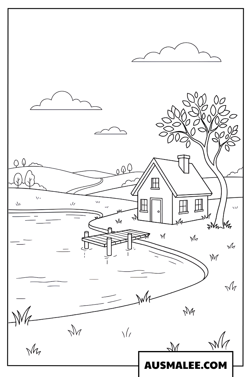 Kleurplaat landschap met huis aan de rivier