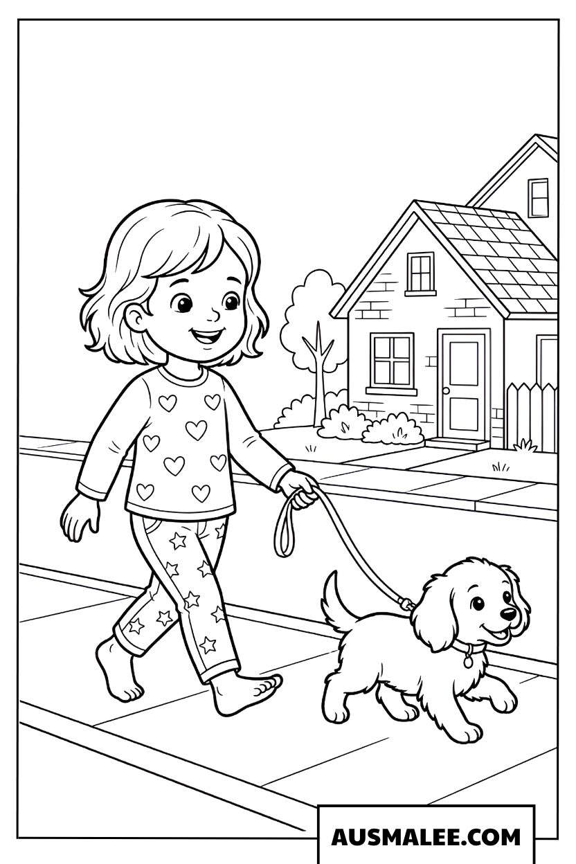 Kleurplaat meisje laat de hond uit