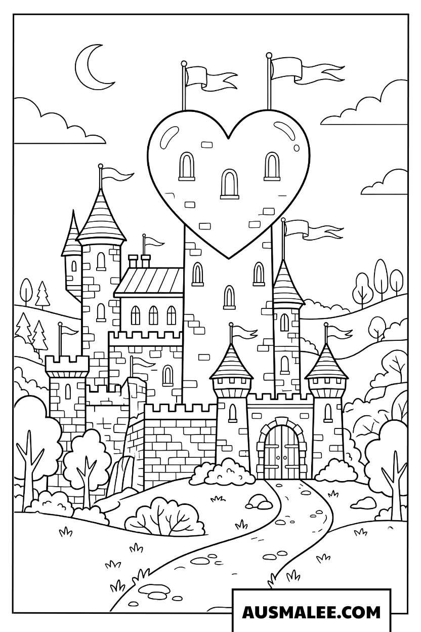 Coloriage château de conte de fées avec ballon en cœur
