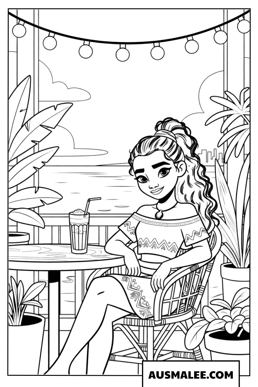 Moana coloring page relaxing at the beach